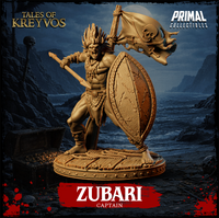 Ferocious broad-featured warrior roaring, thrusting a long spear, bearing a massive oval rope-rimmed shield, wearing a feathered headdress and bead necklace, jolly roger banner raised behind him on a ship-deck base. Sculpt by Primal Collectibles.