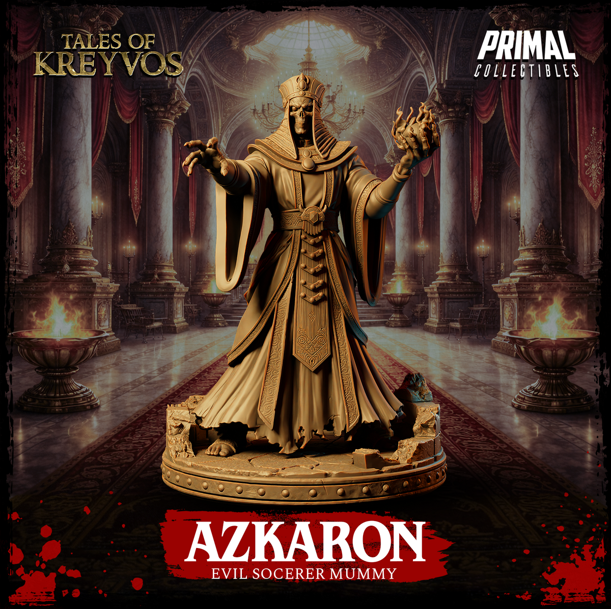 Azkaron sorcerer mummy miniature, arms outstretched with clawed fingers, wearing an ornate pharaonic crown and layered engraved robes, standing on a cracked stone scenic base. Sculpt by Primal Collectibles.