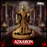 Azkaron sorcerer mummy miniature, arms outstretched with clawed fingers, wearing an ornate pharaonic crown and layered engraved robes, standing on a cracked stone scenic base. Sculpt by Primal Collectibles.
