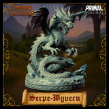 Digital render of the Serpe-Wyvern miniature in unpainted grey resin — coiled serpentine body wraps around a rocky base while the creature rears upright, one taloned forelimb raised and the other gripping a glowing blue crystal shard; horned head faces forward with jaws open; leathery wings spread behind