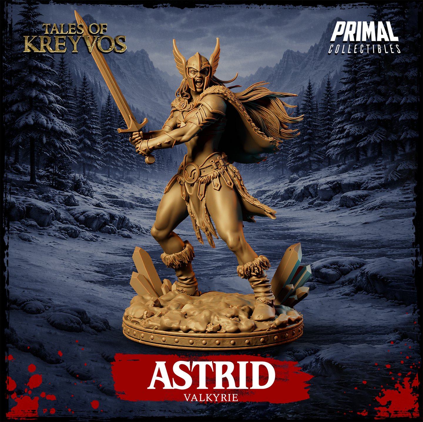 Front view of Astrid the Valkyrie 32mm resin miniature — unpainted gold render showing winged helm, longsword raised in battle cry, feathered cloak, ornate belt, and crystal-strewn skull base from the Tales of Kreyvos range by Primal Collectibles