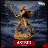 Front view of Astrid the Valkyrie 32mm resin miniature — unpainted gold render showing winged helm, longsword raised in battle cry, feathered cloak, ornate belt, and crystal-strewn skull base from the Tales of Kreyvos range by Primal Collectibles