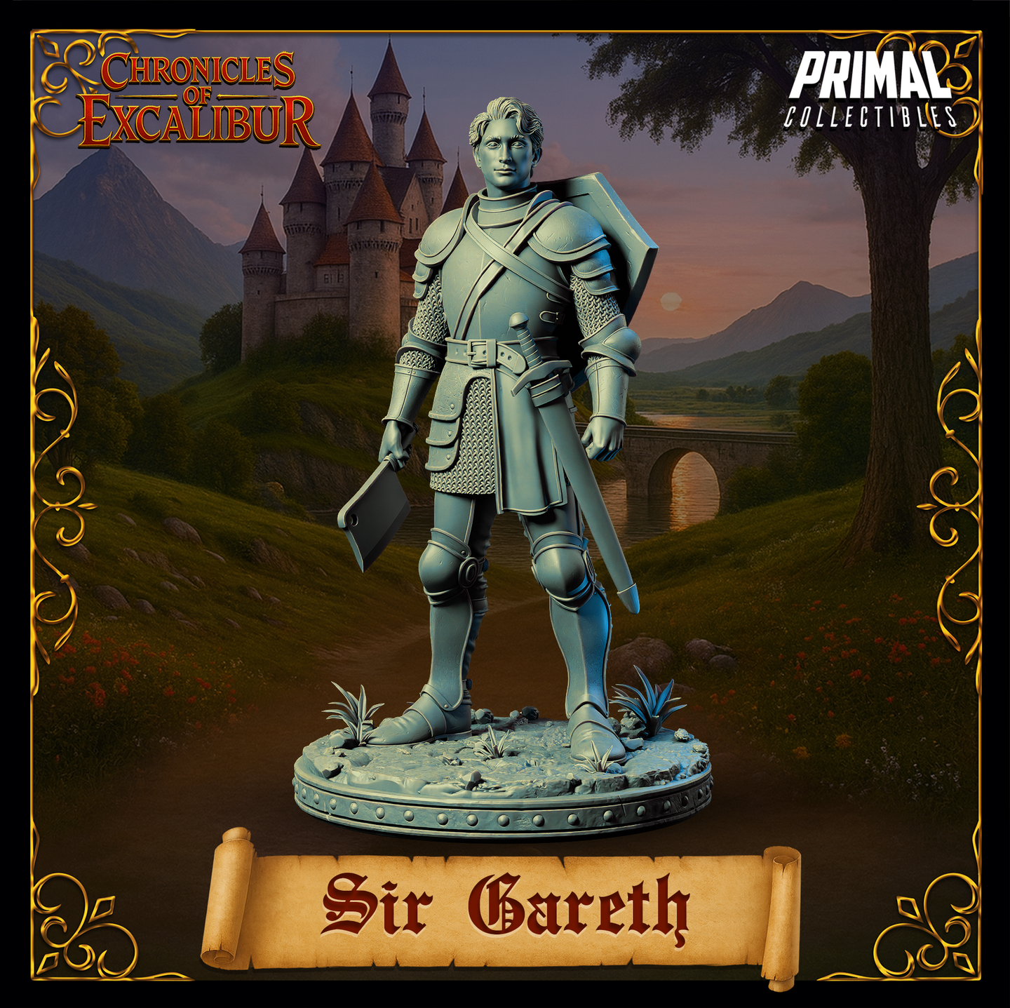 Sir Gareth knight miniature from Chronicles of Excalibur — unpainted grey resin digital render, front-facing pose, wearing layered plate armour over chainmail hauberk with shield on back, holding a cleaver-style weapon at his side, standing on a detailed rocky and grassy scenic base