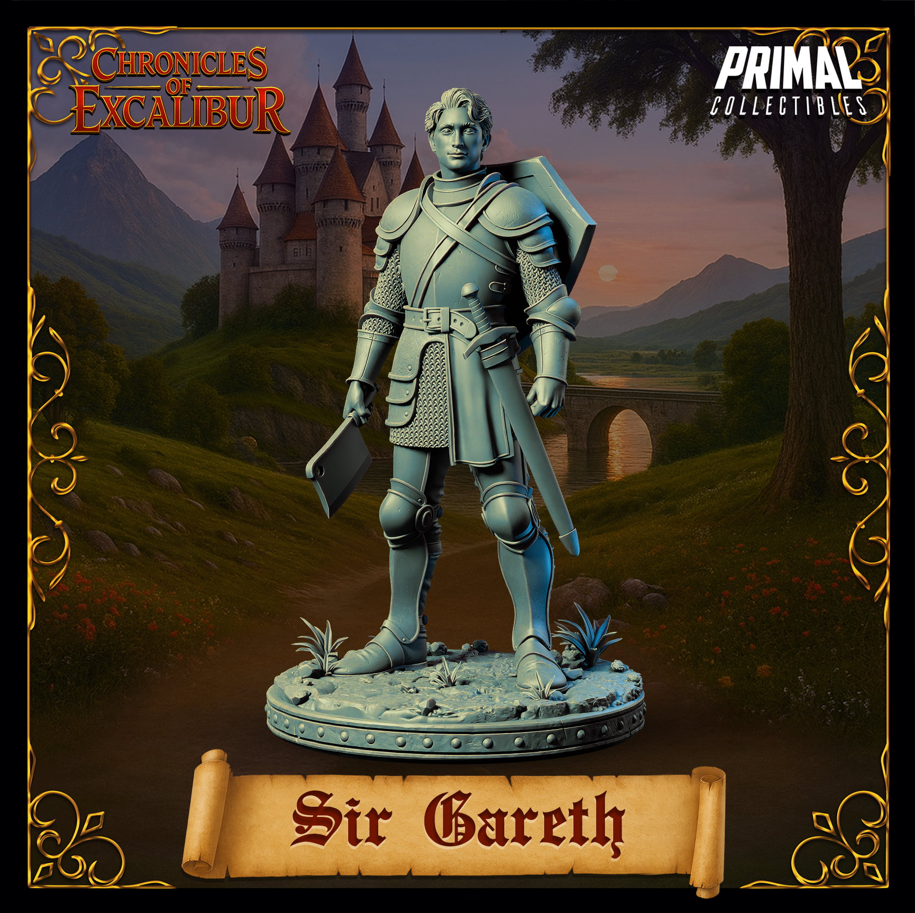 Sir Gareth knight miniature from Chronicles of Excalibur — unpainted grey resin digital render, front-facing pose, wearing layered plate armour over chainmail hauberk with shield on back, holding a cleaver-style weapon at his side, standing on a detailed rocky and grassy scenic base