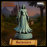 Digital render of the Guinevere miniature from Chronicles of Excalibur — unpainted grey resin figure of a crowned queen in a flowing off-shoulder gown, holding a tall ceremonial sceptre, standing on a tiered stone dais base, with a castle and mountain landscape in the background