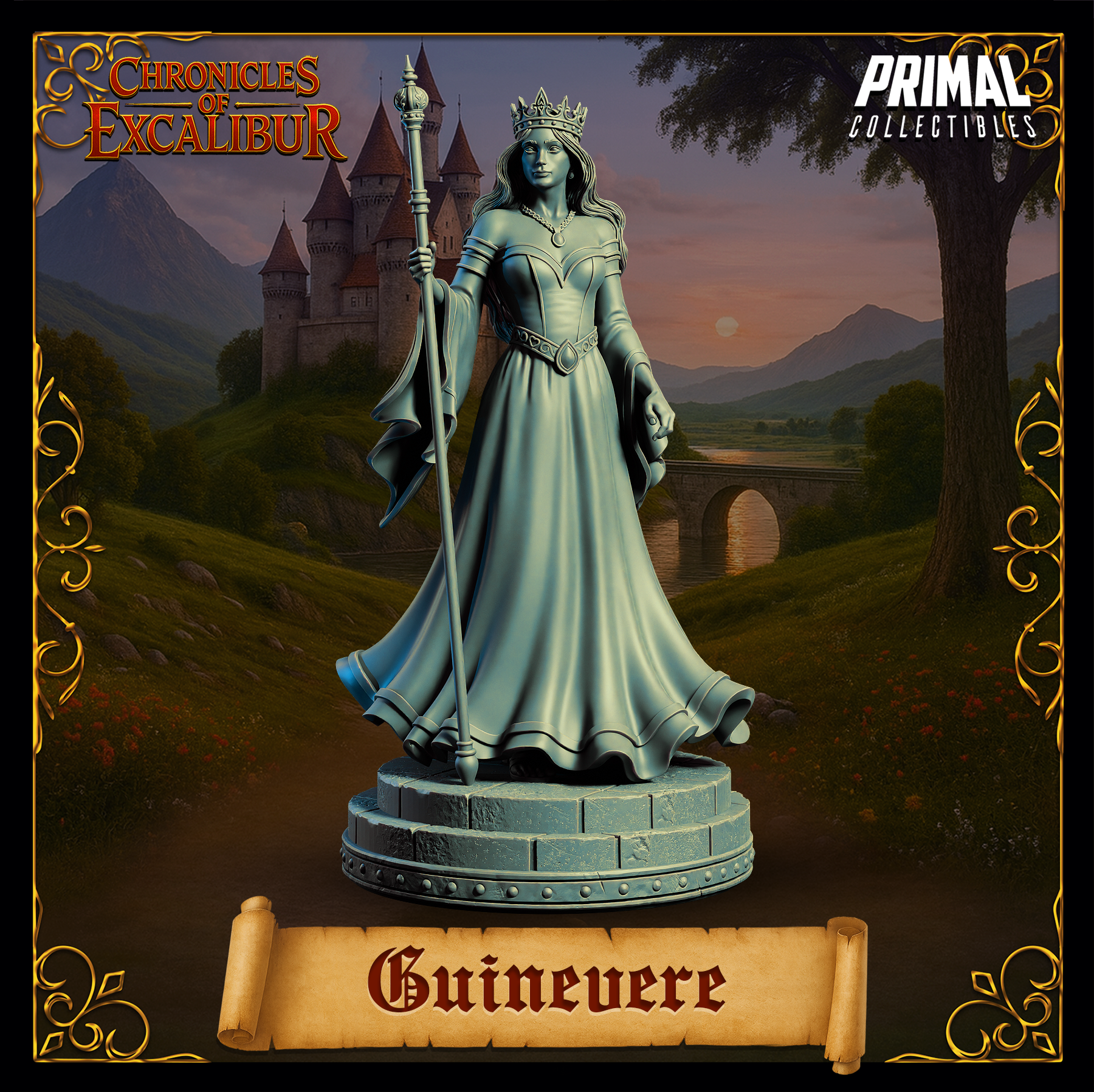 Digital render of the Guinevere miniature from Chronicles of Excalibur — unpainted grey resin figure of a crowned queen in a flowing off-shoulder gown, holding a tall ceremonial sceptre, standing on a tiered stone dais base, with a castle and mountain landscape in the background