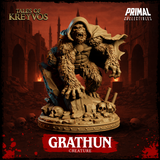 Grathun miniature facing forward, mouth open in a roar, wearing a hooded cloak and medallion, one hand gripping a broken stone slab, base covered in skulls and rubble. By Primal Collectibles.