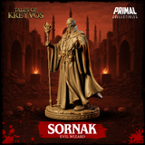 Rear-facing angle of a robed evil wizard clutching a forked staff, showing the full sweep of his heavy layered cloak and the skull-decorated belt detail at his back. Sculpt by Primal Collectibles.