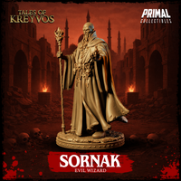 Rear-facing angle of a robed evil wizard clutching a forked staff, showing the full sweep of his heavy layered cloak and the skull-decorated belt detail at his back. Sculpt by Primal Collectibles.