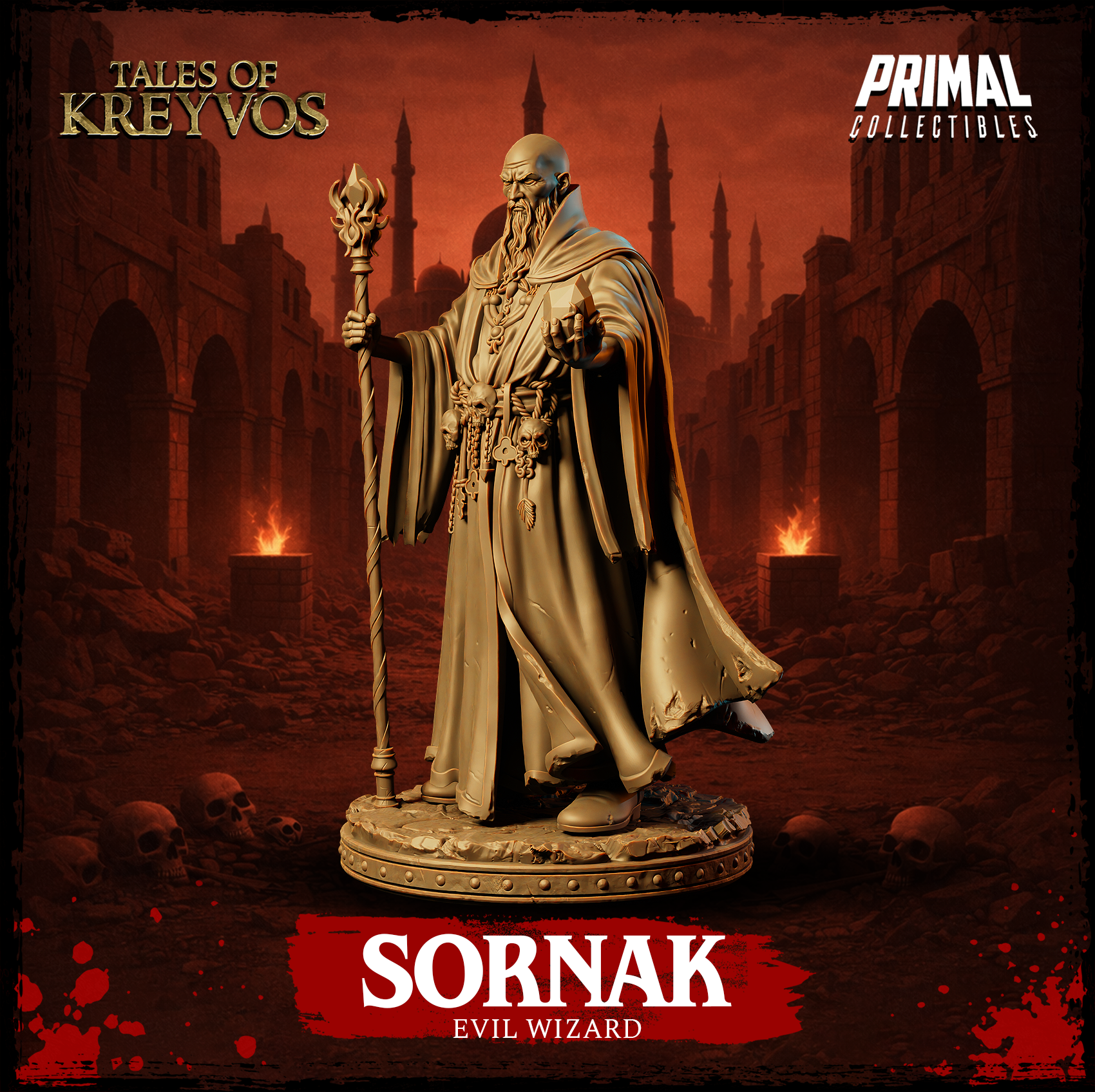Rear-facing angle of a robed evil wizard clutching a forked staff, showing the full sweep of his heavy layered cloak and the skull-decorated belt detail at his back. Sculpt by Primal Collectibles.