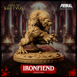 Ironfiend creature miniature viewed from a raised angle, showing the hunched muscular back, bristling layered fur across shoulders and spine, and one raking clawed hand reaching forward. Sculpt by Primal Collectibles.