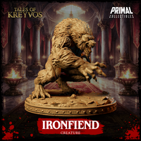 Ironfiend creature miniature viewed from a raised angle, showing the hunched muscular back, bristling layered fur across shoulders and spine, and one raking clawed hand reaching forward. Sculpt by Primal Collectibles.