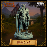 Closer front-angle digital render of the Mordred Evil Knight miniature — unpainted grey, highlighting the layered spiked armour plates across the chest and shoulders, the skull-motif horned helm, and the broadsword held upright at the figure's left side. Scenic base with candles clearly detailed.