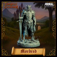 Closer front-angle digital render of the Mordred Evil Knight miniature — unpainted grey, highlighting the layered spiked armour plates across the chest and shoulders, the skull-motif horned helm, and the broadsword held upright at the figure's left side. Scenic base with candles clearly detailed.