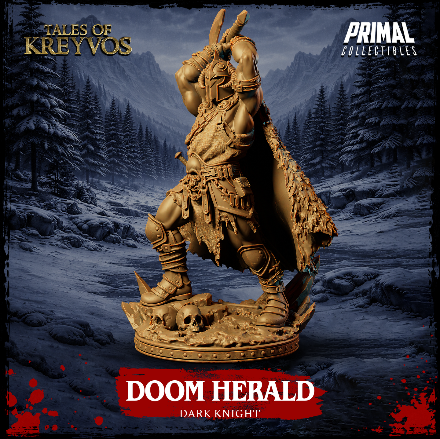 Rear three-quarter view of the Doom Herald Dark Knight resin miniature — showing the sweeping tattered cloak, layered back armour, spiked sabatons, and skull-strewn base, set against a snowy mountain valley backdrop