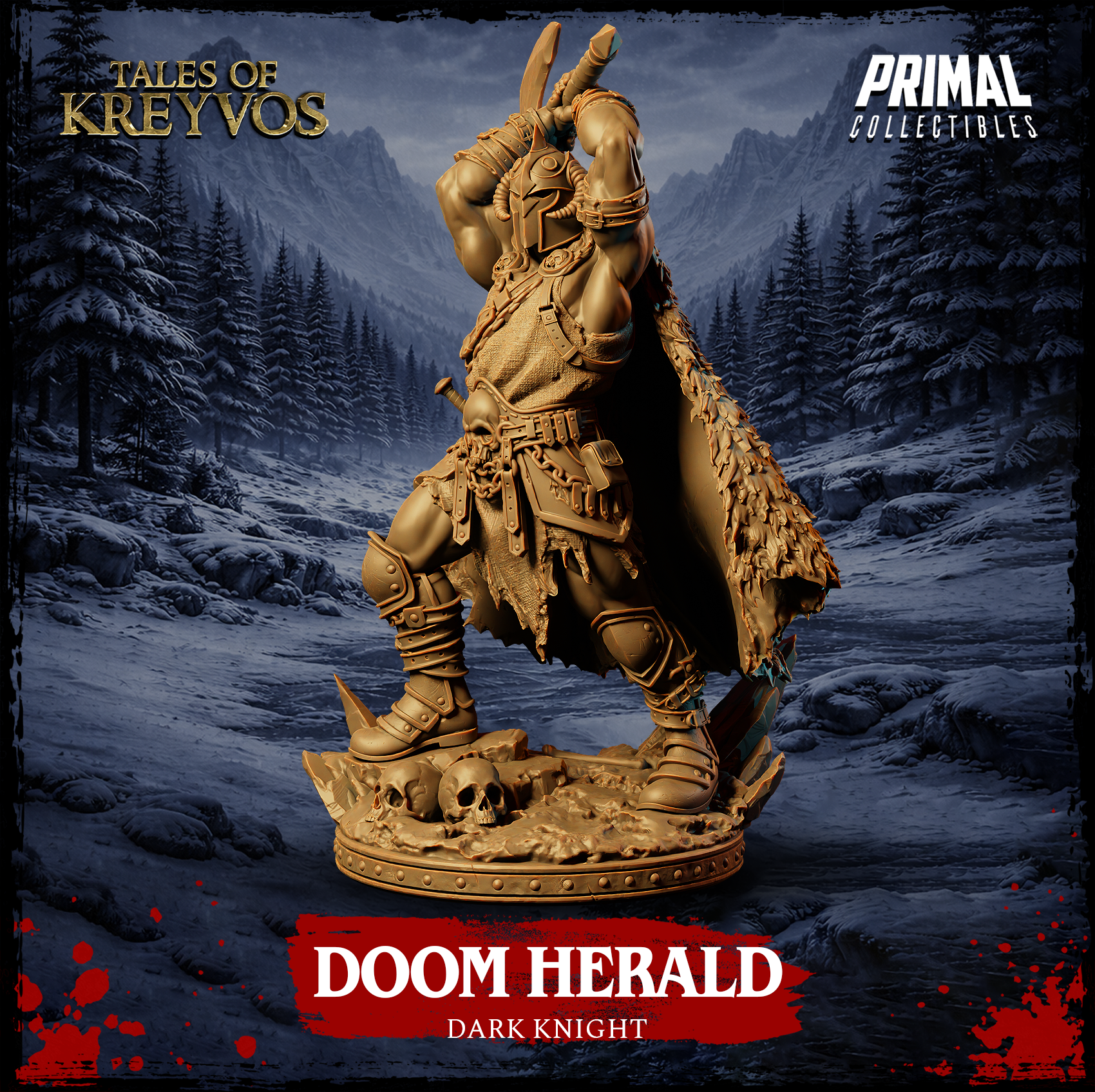 Rear three-quarter view of the Doom Herald Dark Knight resin miniature — showing the sweeping tattered cloak, layered back armour, spiked sabatons, and skull-strewn base, set against a snowy mountain valley backdrop
