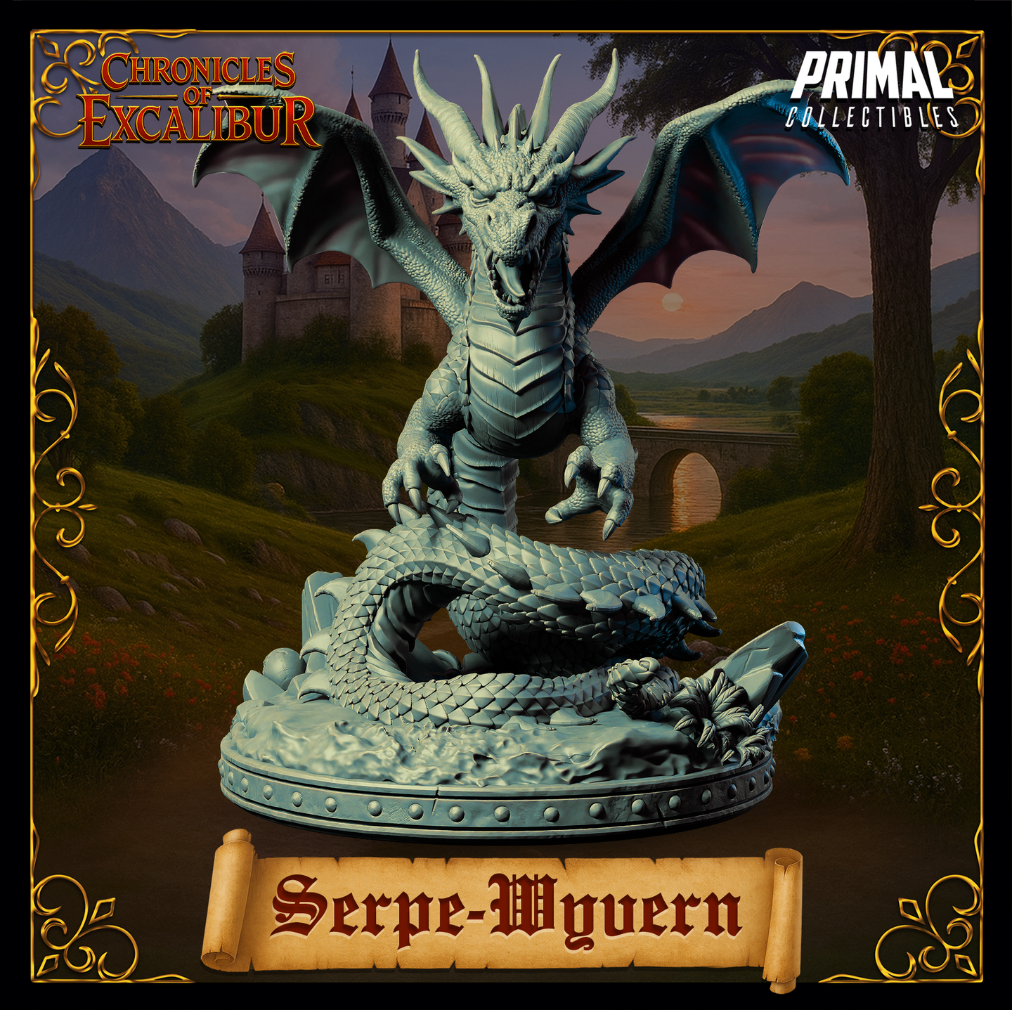 Digital render of the Serpe-Wyvern miniature in unpainted grey resin — frontal view showing the creature fully upright with both forelimbs raised and claws extended, wings spread wide to either side, serpentine tail looped across a debris-strewn scenic base, horned and crested head facing directly forward