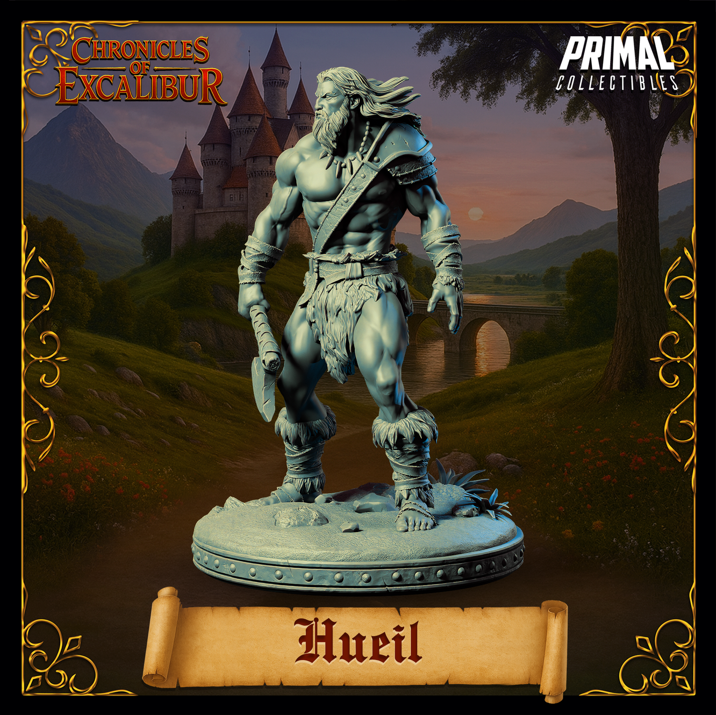 Digital render of Hueil barbarian miniature, facing slightly left in a tall upright stance with one hand lowered holding an axe haft and the other hand open. Long wind-blown hair, bare chest with a bead necklace, and fur-wrapped lower legs. Scenic round base with rocky ground detail.