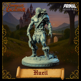 Digital render of Hueil barbarian miniature, facing slightly left in a tall upright stance with one hand lowered holding an axe haft and the other hand open. Long wind-blown hair, bare chest with a bead necklace, and fur-wrapped lower legs. Scenic round base with rocky ground detail.