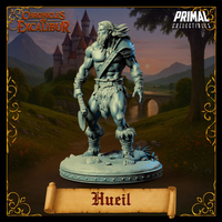 Digital render of Hueil barbarian miniature, facing slightly left in a tall upright stance with one hand lowered holding an axe haft and the other hand open. Long wind-blown hair, bare chest with a bead necklace, and fur-wrapped lower legs. Scenic round base with rocky ground detail.