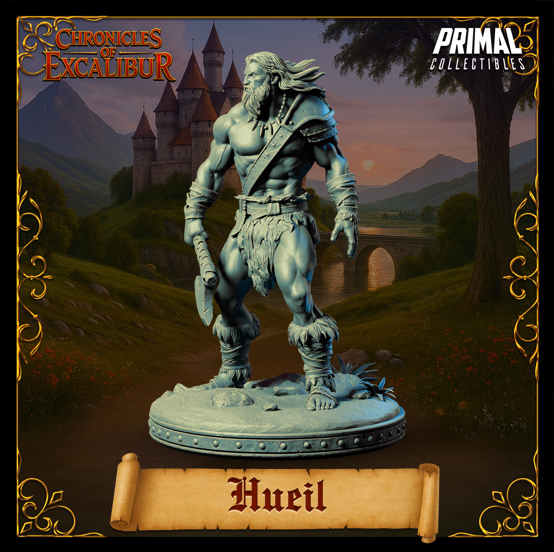 Digital render of Hueil barbarian miniature, facing slightly left in a tall upright stance with one hand lowered holding an axe haft and the other hand open. Long wind-blown hair, bare chest with a bead necklace, and fur-wrapped lower legs. Scenic round base with rocky ground detail.