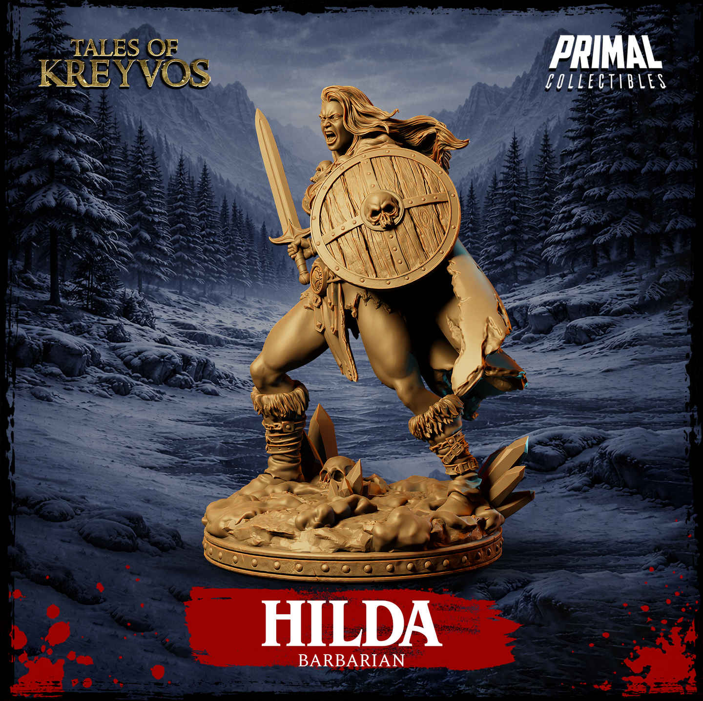 Hilda Barbarian 32mm miniature by Primal Collectibles — side-on charging pose, skull-bossed shield thrust forward, sword drawn back, hair and cloak streaming behind her, golden resin render, scenic rubble base