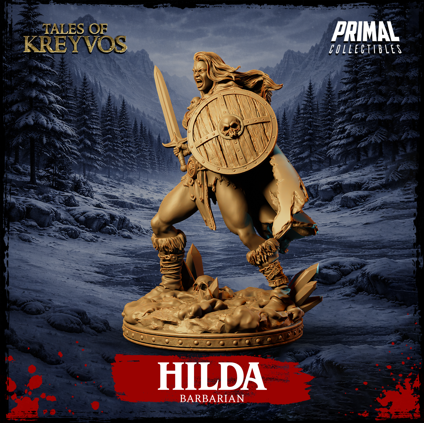 Hilda Barbarian 32mm miniature by Primal Collectibles — side-on charging pose, skull-bossed shield thrust forward, sword drawn back, hair and cloak streaming behind her, golden resin render, scenic rubble base