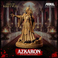 Azkaron sorcerer mummy from a three-quarter angle, one arm raised holding a conjured sphere of energy, the other arm extended wide, ornate glyph-engraved robe panels prominent, scenic rubble base visible. Sculpt by Primal Collectibles.