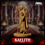 Three-quarter low-angle view of Kaelith the Witch emphasising her tall staff with suspended lantern, torn robes, layered bead necklaces, and fleur-de-lis belt buckle detail. Sculpt by Primal Collectibles.