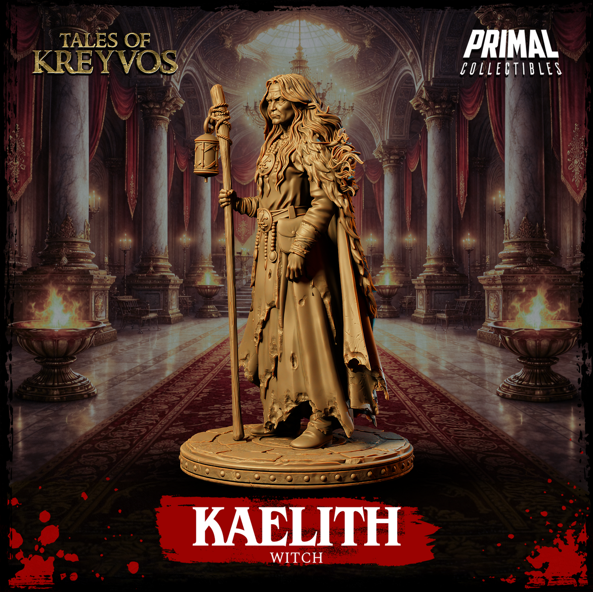 Three-quarter low-angle view of Kaelith the Witch emphasising her tall staff with suspended lantern, torn robes, layered bead necklaces, and fleur-de-lis belt buckle detail. Sculpt by Primal Collectibles.