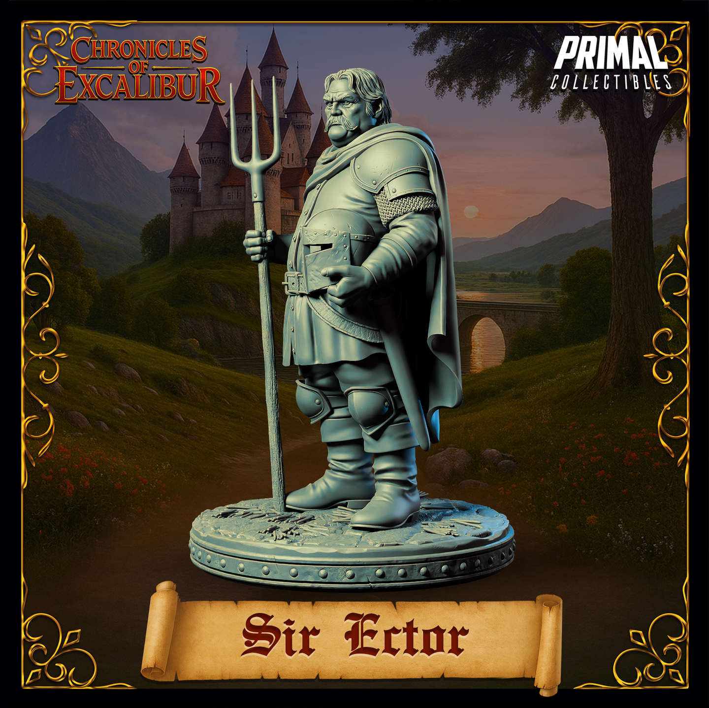 Sir Ector 32mm miniature — three-quarter side view digital render, highlighting the swept-back cape, chainmail collar, plate pauldrons, and stern weathered face with greying hair and moustache. Trident planted firmly beside him on a textured rubble base.