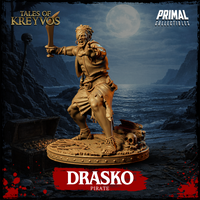 Broad-shouldered pirate in a deep crouching stance, sword raised high in one hand and the other arm flung wide, snarling expression, curly hair bound with a bandana, torn breeches. Skulls and rope on base. Sculpt by Primal Collectibles.