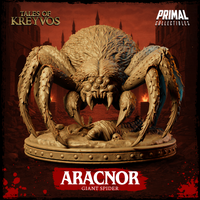 Aracnor giant spider by Primal Collectibles viewed from the side, showing the large bulbous abdomen with layered fur texture and long segmented legs covered in chitin spines arching outward.