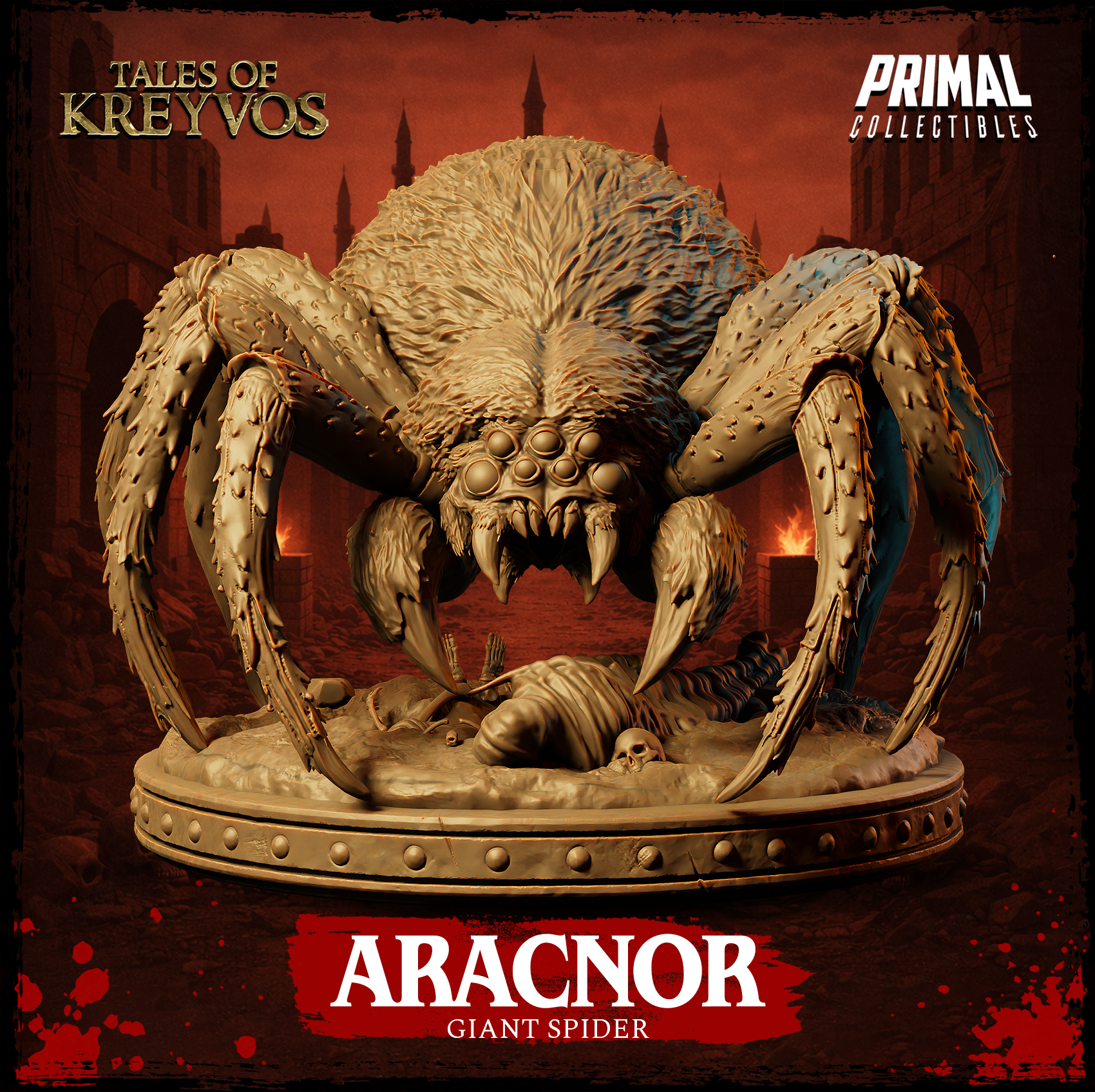 Aracnor giant spider by Primal Collectibles viewed from the side, showing the large bulbous abdomen with layered fur texture and long segmented legs covered in chitin spines arching outward.
