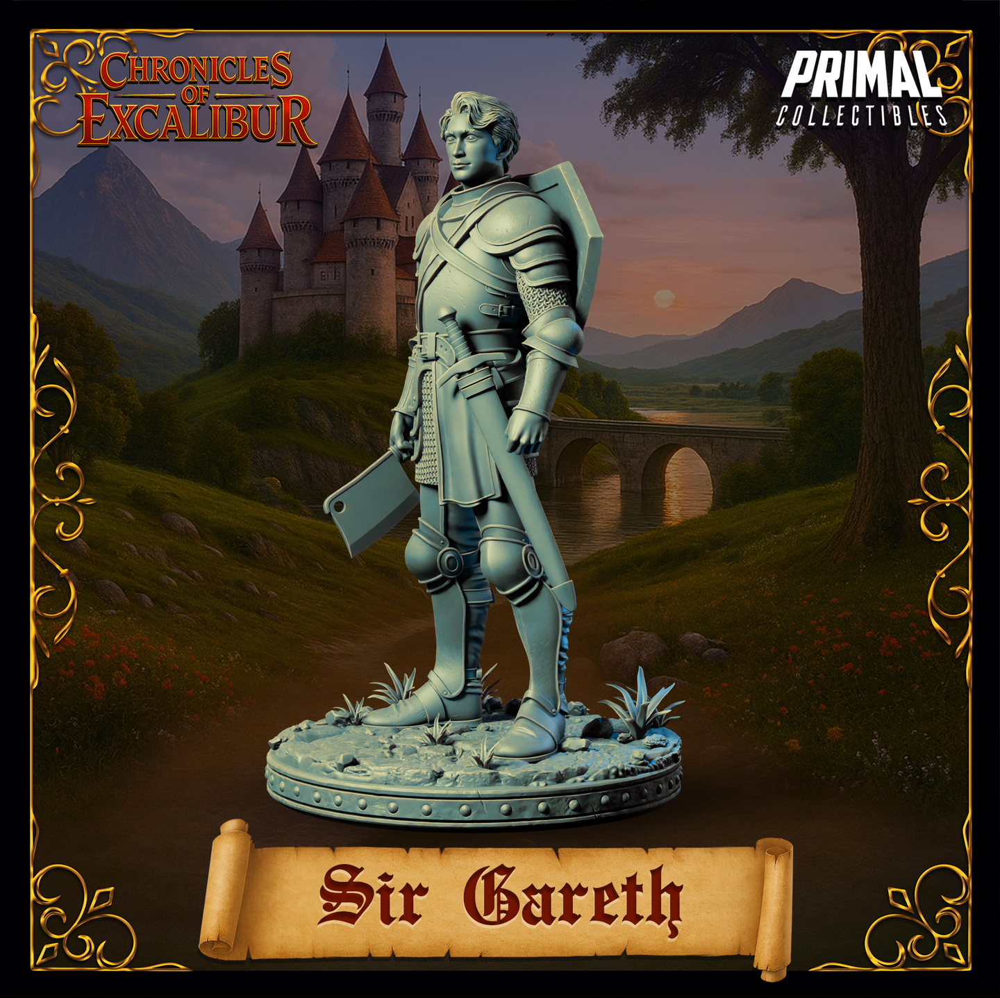 Sir Gareth knight miniature from Chronicles of Excalibur — unpainted grey resin digital render, three-quarter side view showing plate pauldrons, chainmail sleeves, belted waist, and shield strapped across the back, on a detailed naturalistic base with stones and grass tufts