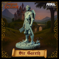 Sir Gareth knight miniature from Chronicles of Excalibur — unpainted grey resin digital render, three-quarter side view showing plate pauldrons, chainmail sleeves, belted waist, and shield strapped across the back, on a detailed naturalistic base with stones and grass tufts