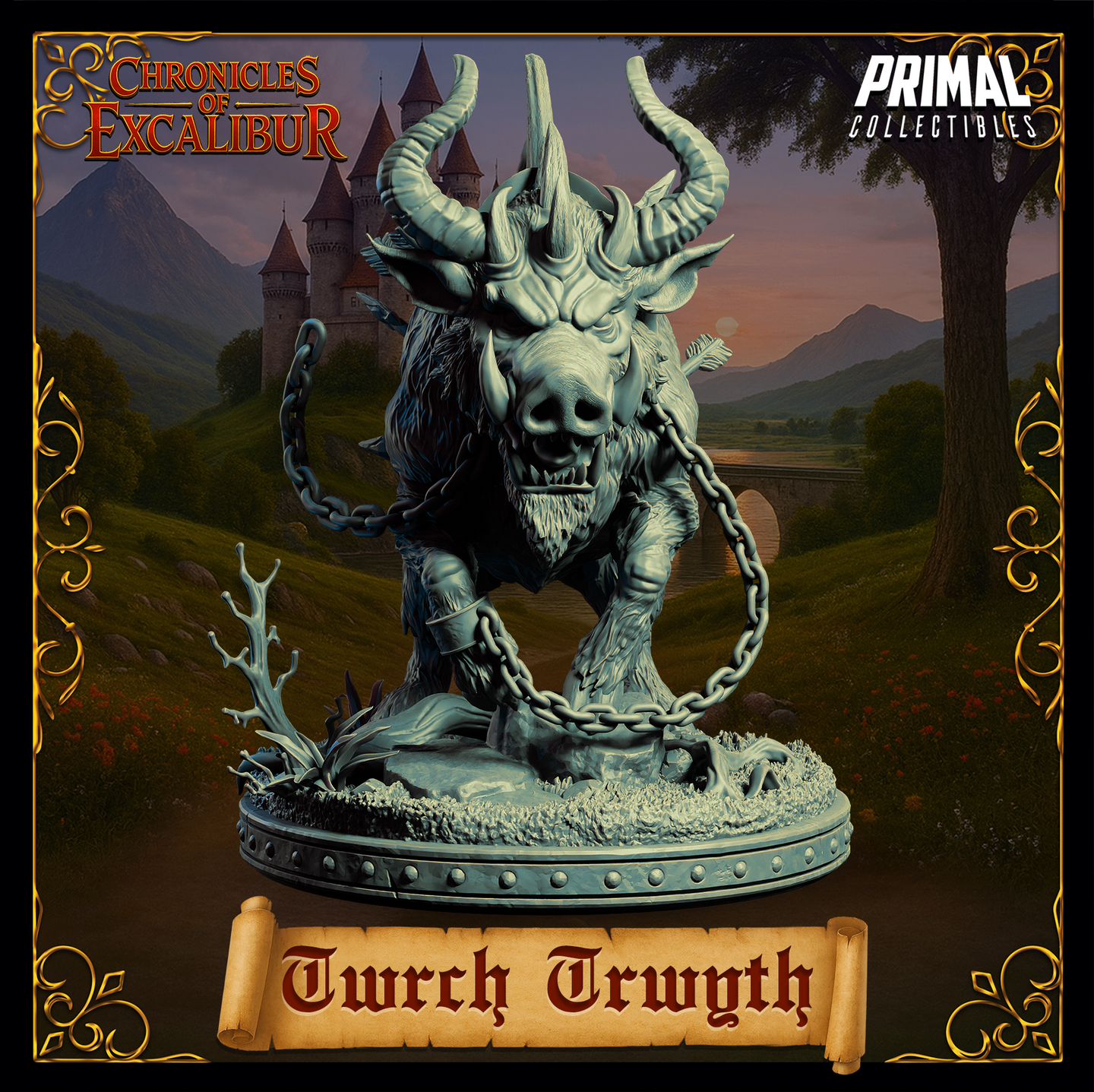 Front-facing digital render of the Twrch Trwyth miniature showing the creature's scarred boar-like face, hollow eyes, heavy broken chain hanging from its foreleg, and sweeping curved horns, on a detailed scenic base — part of Primal Collectibles' Chronicles of Excalibur range
