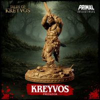 Kreyvos Predator 32mm resin miniature — digital render of a tusked, heavily built barbarian variant mid-bellow with sword raised high in one hand, broad bare torso and furred leg-wraps visible, standing on a detailed skull-covered round base set against a dark swamp backdrop. Tales of Kreyvos by Primal Collectibles.