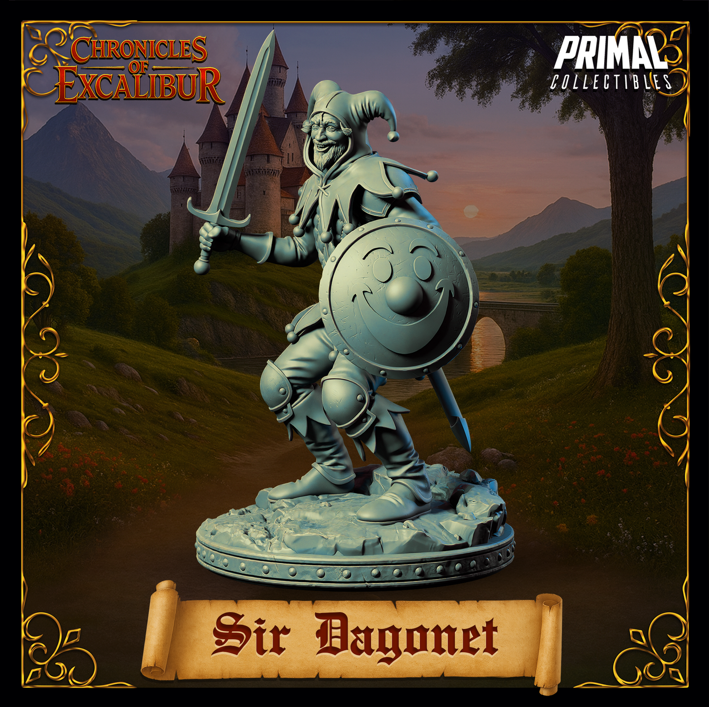 Sir Dagonet 32mm resin miniature — front-on combat stance, sword raised and jester shield prominent showing grinning face boss detail, belled jester hood, armoured legs and heavy boots, grey unprinted resin render, rocky scenic base, Chronicles of Excalibur by Primal Collectibles