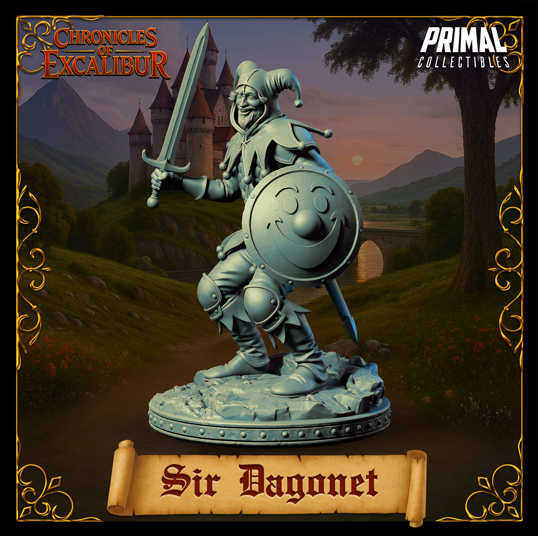 Sir Dagonet 32mm resin miniature — front-on combat stance, sword raised and jester shield prominent showing grinning face boss detail, belled jester hood, armoured legs and heavy boots, grey unprinted resin render, rocky scenic base, Chronicles of Excalibur by Primal Collectibles
