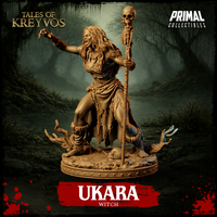 Ukara the swamp witch 32mm resin miniature — three-quarter view, standing tall with skeleton staff planted at her side and clawed hand raised, wild flowing hair, tattered robes with rope and bone detailing, skull-strewn base, unpainted tan resin, Tales of Kreyvos by Primal Collectibles