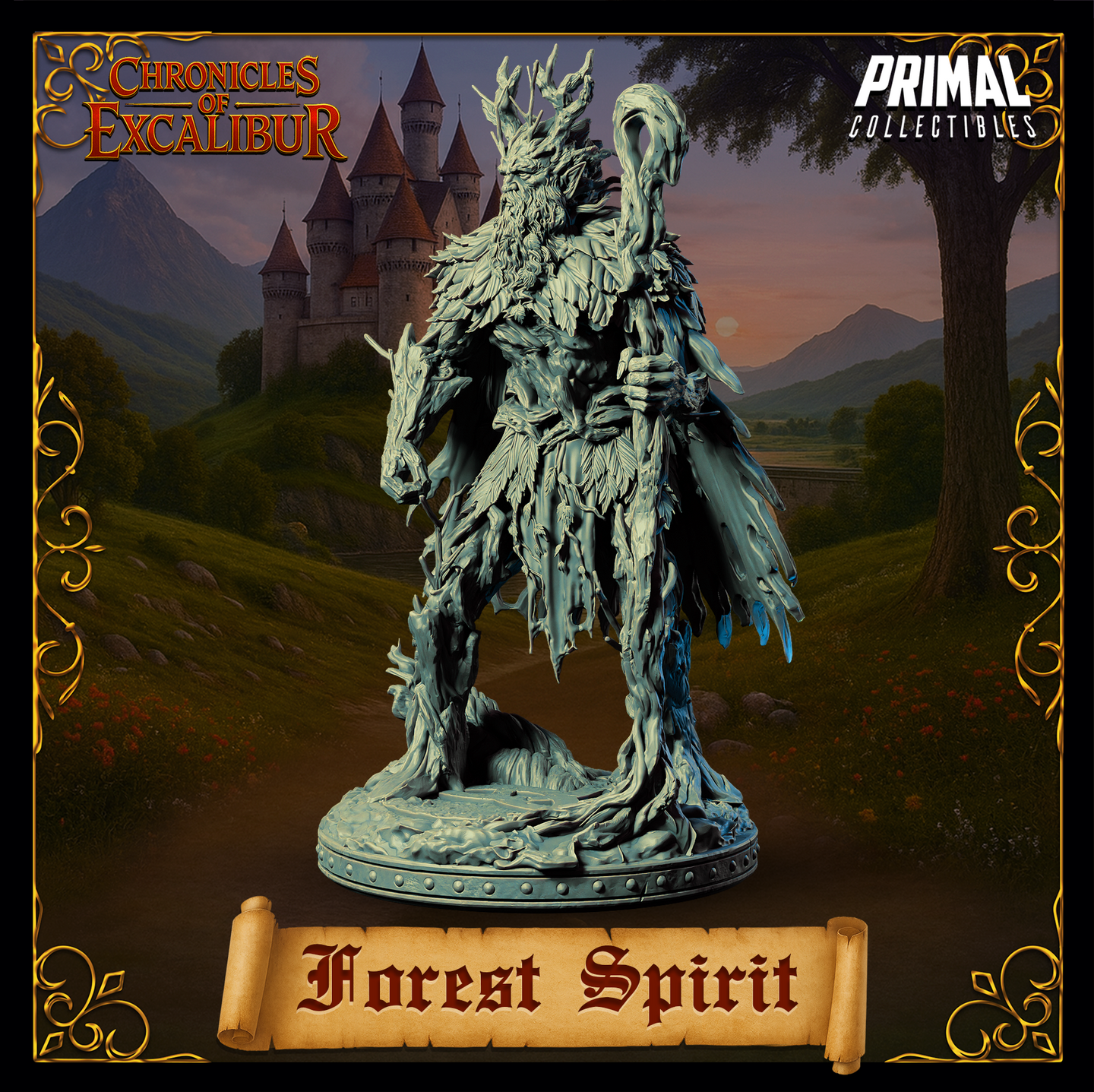 Digital render of the Forest Spirit miniature by Primal Collectibles — three-quarter view showing the rear and left side, highlighting the layered leaf and bark texture across the body, the sweeping tattered branch cloak detail, the twisted staff held close, and the gnarled root-covered scenic base