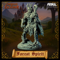 Digital render of the Forest Spirit miniature by Primal Collectibles — three-quarter view showing the rear and left side, highlighting the layered leaf and bark texture across the body, the sweeping tattered branch cloak detail, the twisted staff held close, and the gnarled root-covered scenic base