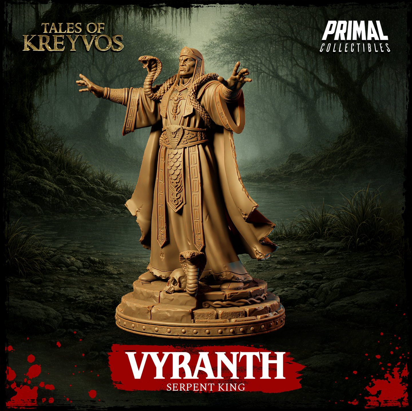 Vyranth the Serpent King 32mm resin miniature render — three-quarter view showing the figure's decorated robe panels, cobra wrapping the forearm and rearing beside his head, and a base with coiled serpent and skull on stone flagging
