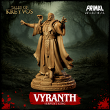 Vyranth the Serpent King 32mm resin miniature render — three-quarter view showing the figure's decorated robe panels, cobra wrapping the forearm and rearing beside his head, and a base with coiled serpent and skull on stone flagging