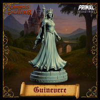 Front-facing digital render of the Guinevere miniature — unpainted grey resin, showing the full detail of her crown, engraved belt, delicate necklace, and sculpted fabric gown, sceptre raised, tiered stone base visible, Chronicles of Excalibur branding in the top corners