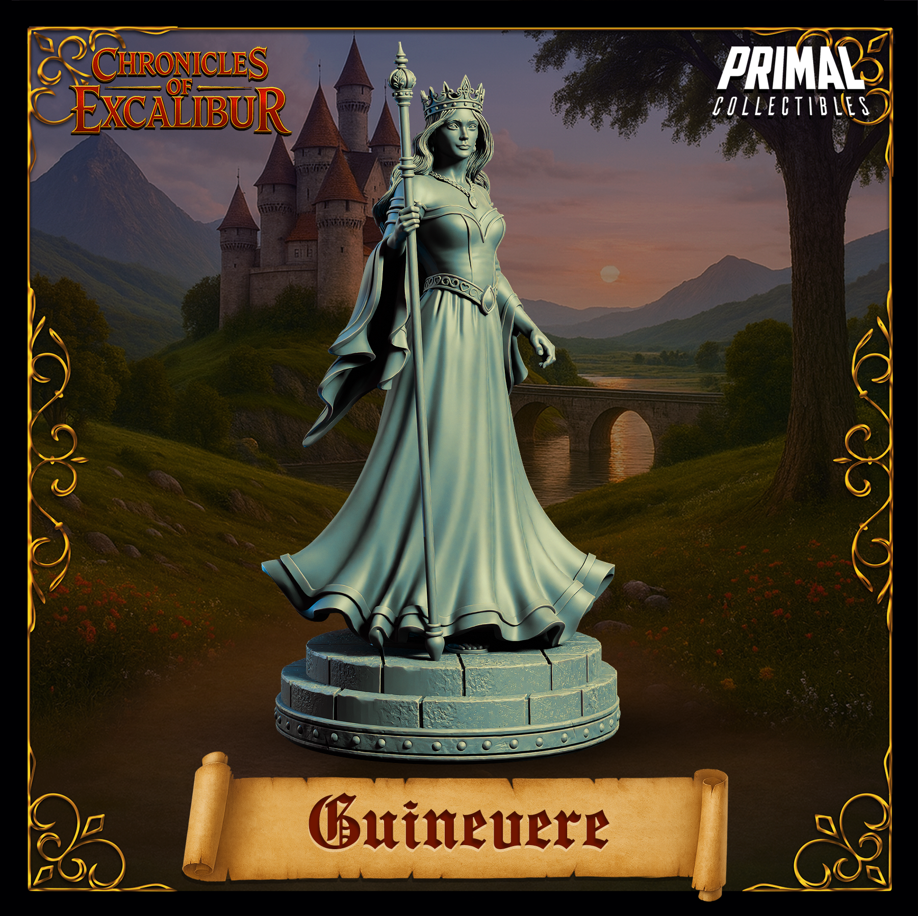 Front-facing digital render of the Guinevere miniature — unpainted grey resin, showing the full detail of her crown, engraved belt, delicate necklace, and sculpted fabric gown, sceptre raised, tiered stone base visible, Chronicles of Excalibur branding in the top corners