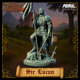 Digital render of Sir Lucan knight miniature, viewed from the front at a closer angle. The heraldic chest-piece, chainmail texture across the arms and torso, articulated plate pauldrons, and detailed belt and pouches are clearly visible. The pennant on his lance hangs with convincing fabric weight. The base features broken stone rubble and a battered great helm. Unpainted grey resin finish from Primal Collectibles' Chronicles of Excalibur range.