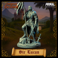 Digital render of Sir Lucan knight miniature, viewed from the front at a closer angle. The heraldic chest-piece, chainmail texture across the arms and torso, articulated plate pauldrons, and detailed belt and pouches are clearly visible. The pennant on his lance hangs with convincing fabric weight. The base features broken stone rubble and a battered great helm. Unpainted grey resin finish from Primal Collectibles' Chronicles of Excalibur range.