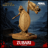 Low crouching combat stance, warrior levelling a long spear horizontally with both hands, oval shield angled at his side, jaw wide open in a roar, layered bead necklace and decorated loincloth visible, rope-coiled base beneath bare feet. Sculpt by Primal Collectibles.